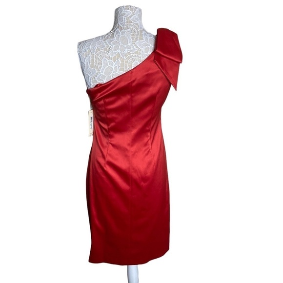 NWT Eliza J One-shoulder Bow Detail Satin Sheath Dress Red weeding formal - Picture 3 of 8